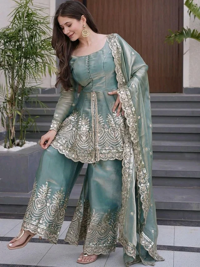 Women’s Fancy Silk Embroidered Kurta Sharara Dupatta Set – Designer Ethnic Peplum Kurti with Palazzo Pants & Organza Dupatta.
- S, Blue Smoke