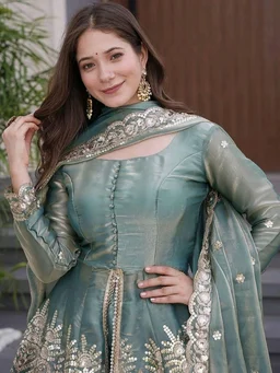 Women’s Fancy Silk Embroidered Kurta Sharara Dupatta Set – Designer Ethnic Peplum Kurti with Palazzo Pants & Organza Dupatta.
- S, Blue Smoke