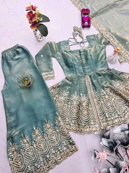 Women’s Fancy Silk Embroidered Kurta Sharara Dupatta Set – Designer Ethnic Peplum Kurti with Palazzo Pants & Organza Dupatta.
- S, Blue Smoke