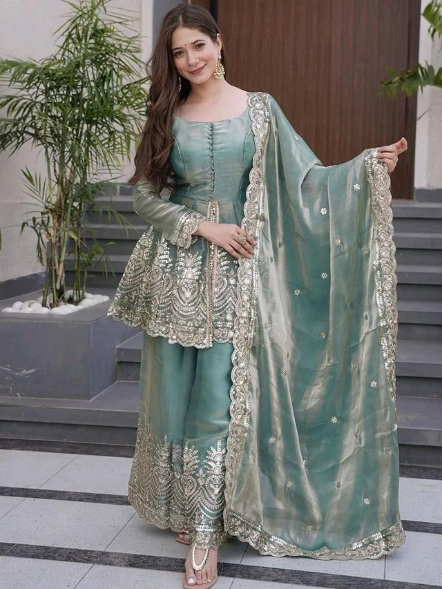 Women’s Fancy Silk Embroidered Kurta Sharara Dupatta Set – Designer Ethnic Peplum Kurti with Palazzo Pants & Organza Dupatta.
- XL, Blue Smoke