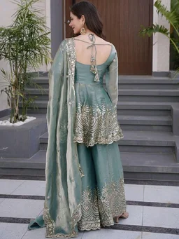 Women’s Fancy Silk Embroidered Kurta Sharara Dupatta Set – Designer Ethnic Peplum Kurti with Palazzo Pants & Organza Dupatta.
- XL, Blue Smoke