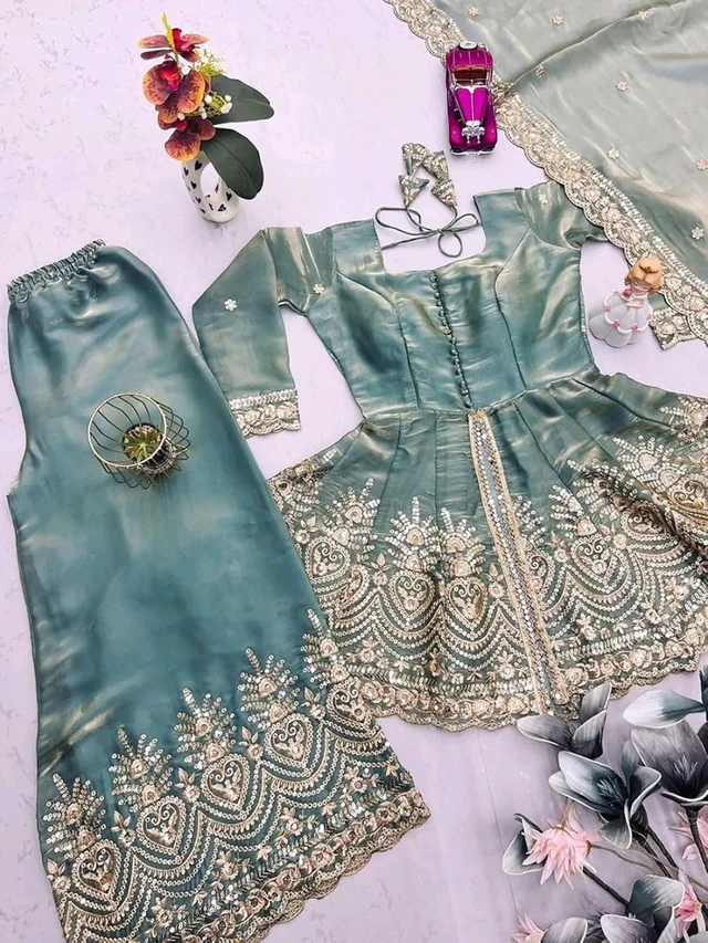 Women’s Fancy Silk Embroidered Kurta Sharara Dupatta Set – Designer Ethnic Peplum Kurti with Palazzo Pants & Organza Dupatta.
- XL, Blue Smoke