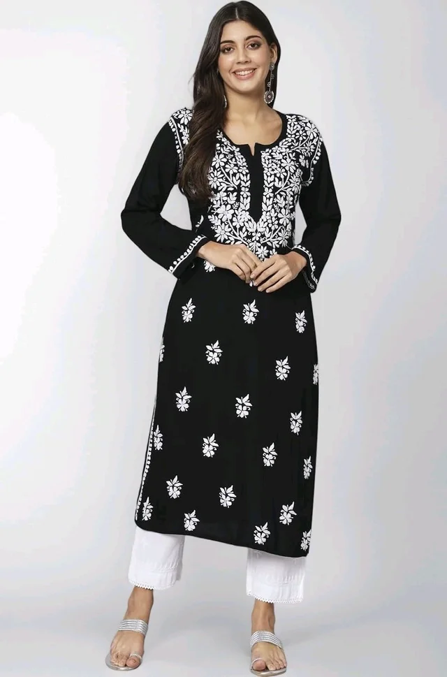 Womens Hand Embroidered Lucknowi Chikankari Rayon Kurta - M, Black