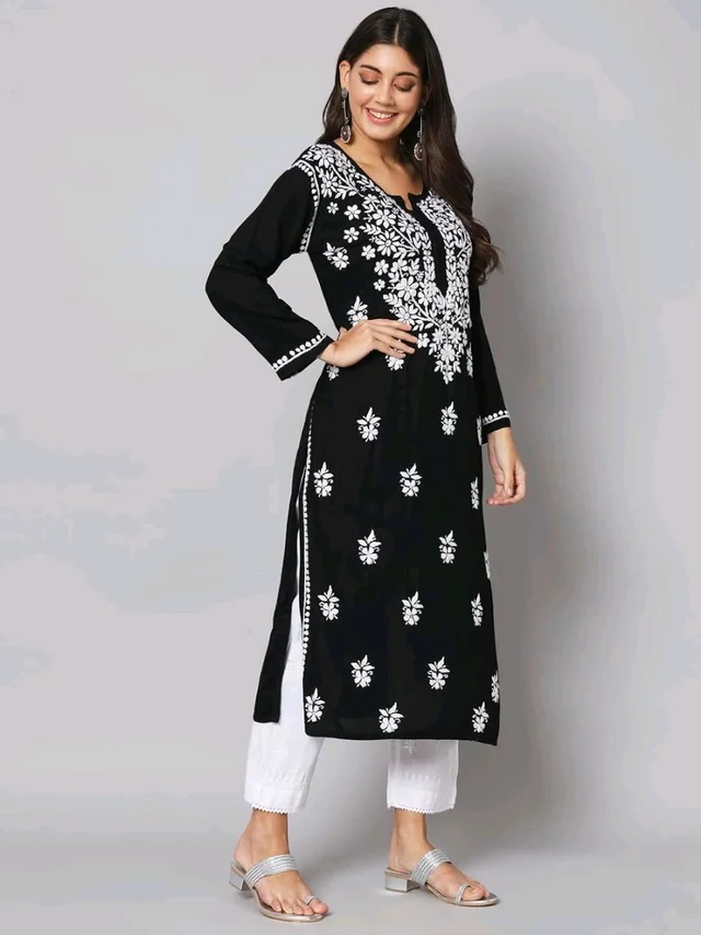 Womens Hand Embroidered Lucknowi Chikankari Rayon Kurta - M, Black