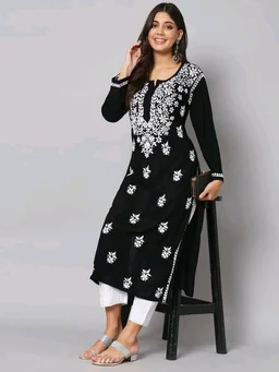 Womens Hand Embroidered Lucknowi Chikankari Rayon Kurta - S, Black