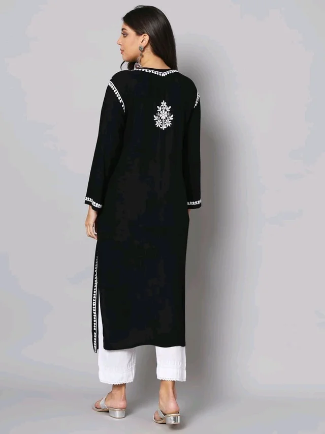 Womens Hand Embroidered Lucknowi Chikankari Rayon Kurta - S, Black