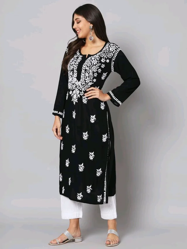 Womens Hand Embroidered Lucknowi Chikankari Rayon Kurta - S, Black