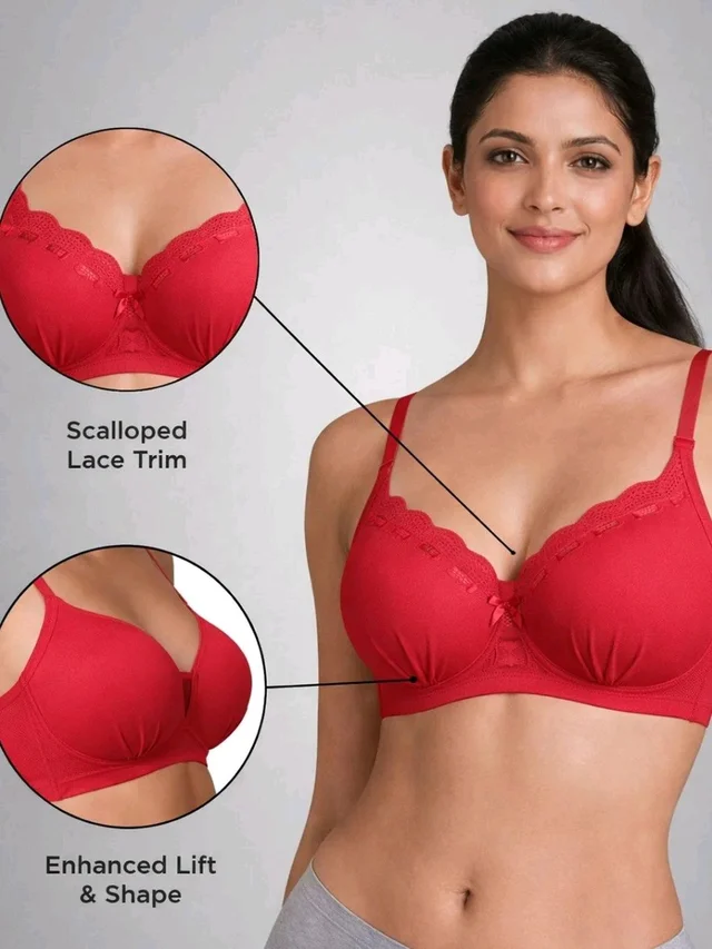 Padded Bra for Girls & Women | 3/4 Coverage Push-Up Bra | Seamless Everyday Bra with Back Closure
- 32A, Red