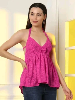Halter Neck Schiffli Empire Top - M, Hibiscus