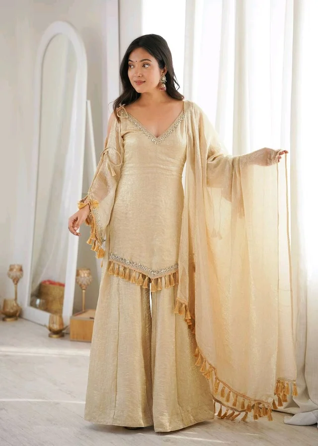 Designer 3 Piece Doremon Crush Palazzo Suit with Lace Border Dupatta - M, Sorrell Brown
