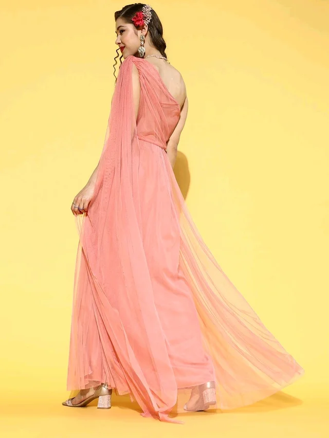 Women Attractive Peach Solid One-Shoulder Dress - M, Rose Bud