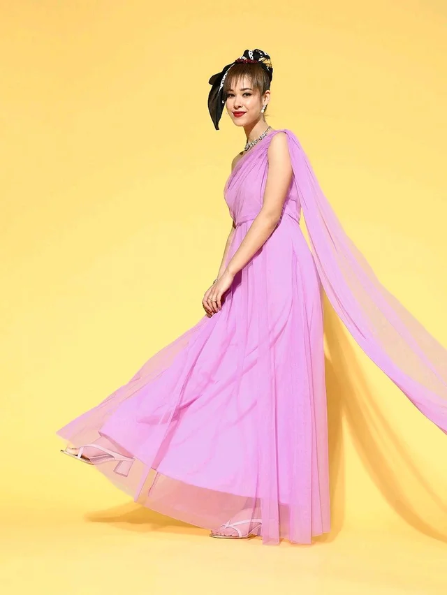 Women Attractive Peach Solid One-Shoulder Dress - XL, French Lilac