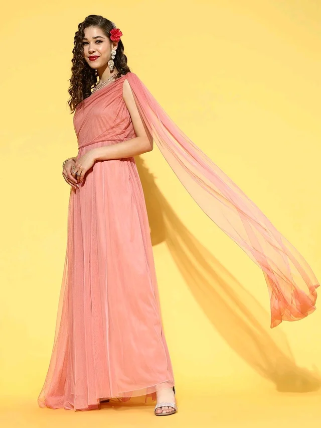 Women Attractive Peach Solid One-Shoulder Dress - 5XL, Rose Bud