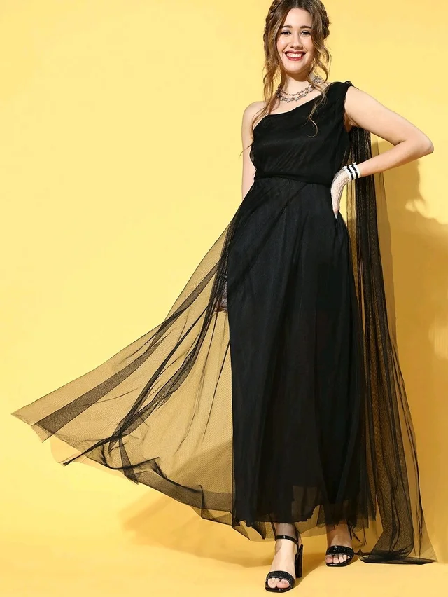 Women Attractive Peach Solid One-Shoulder Dress - 5XL, Black