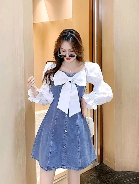 Women A-line Blue, White Above Knee/Mid Thigh Length Dress - L, Dusky Blue