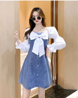 Women A-line Blue, White Above Knee/Mid Thigh Length Dress - L, Dusky Blue