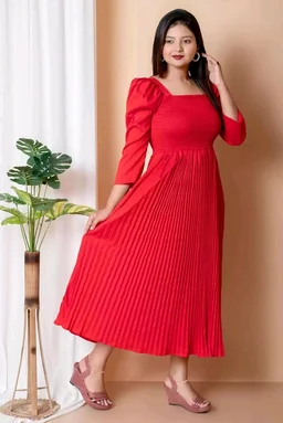 Women's Pleated Maxi Dress for Special Occasions, Square Neck, Puff Sleeves, Midi Length - L, Red