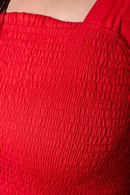 Women's Pleated Maxi Dress for Special Occasions, Square Neck, Puff Sleeves, Midi Length - L, Red