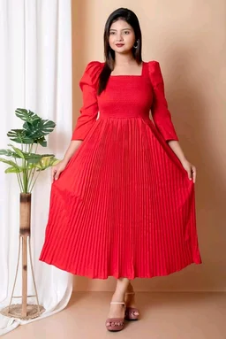 Women's Pleated Maxi Dress for Special Occasions, Square Neck, Puff Sleeves, Midi Length - L, Red