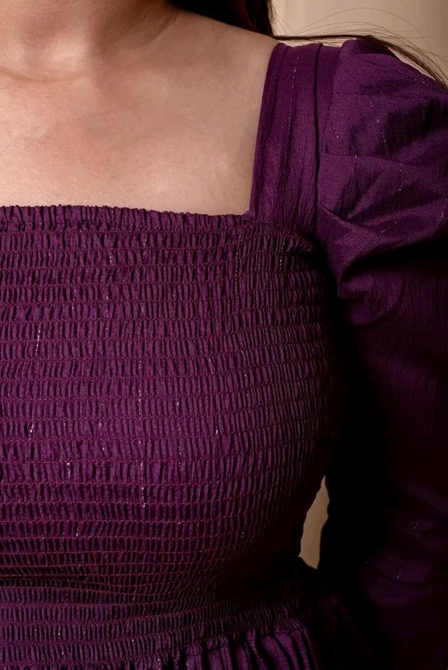 Women's Pleated Maxi Dress for Special Occasions, Square Neck, Puff Sleeves, Midi Length - XL, Plum