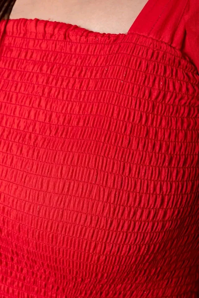 Women's Pleated Maxi Dress for Special Occasions, Square Neck, Puff Sleeves, Midi Length - XXL, Red