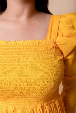Women's Pleated Maxi Dress for Special Occasions, Square Neck, Puff Sleeves, Midi Length - XS, Yellow Orange