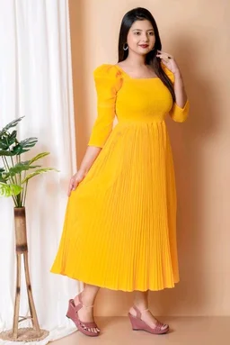 Women's Pleated Maxi Dress for Special Occasions, Square Neck, Puff Sleeves, Midi Length - XS, Yellow Orange