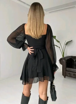 Trendy Women Black Chiffon Dress - XS, Black