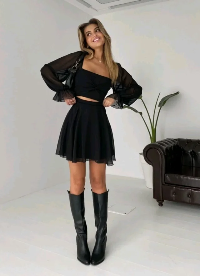 Trendy Women Black Chiffon Dress - XS, Black