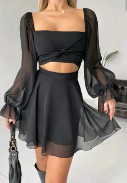 Trendy Women Black Chiffon Dress - XS, Black