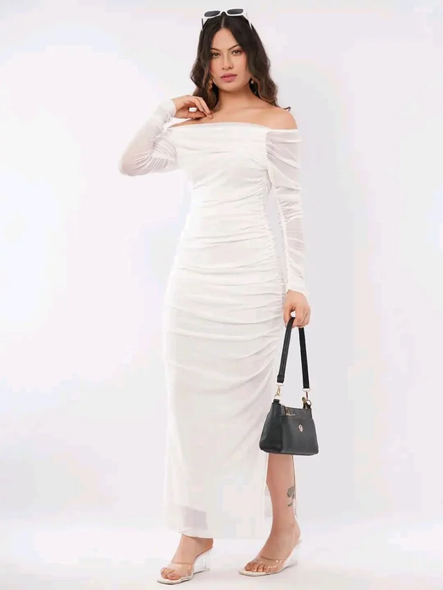 Off-Shoulder Net Bodycon Stretchable Maxi Dress - L, White
