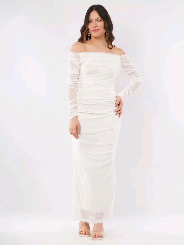 Off-Shoulder Net Bodycon Stretchable Maxi Dress - L, White