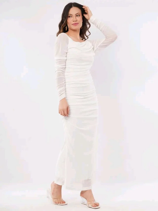 Off-Shoulder Net Bodycon Stretchable Maxi Dress - L, White