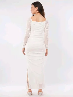 Off-Shoulder Net Bodycon Stretchable Maxi Dress - L, White