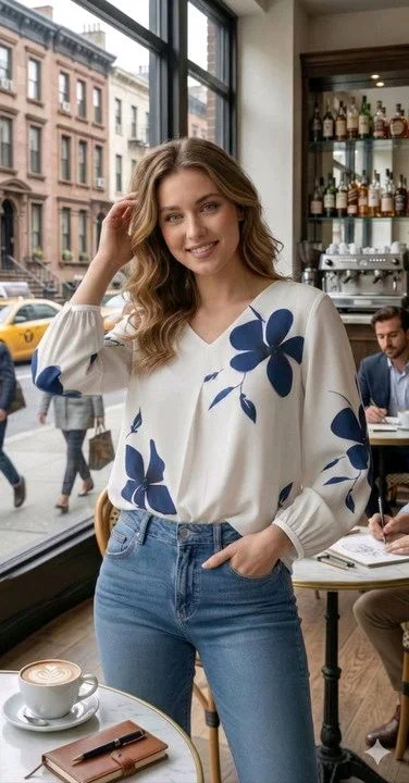 Casual Regular Sleeves Floral Print Women White, Blue Top - XL, White