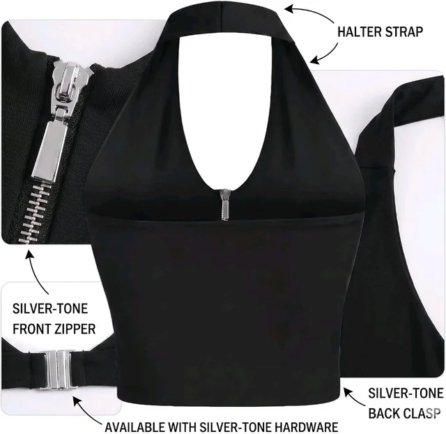 Minimumcare Women’s Halter Crop Top with Zipper Front – Sleeveless Deep V Neck Tank Top, Backless Going Out Clubwear Summer Fashion Top for Women, Fitted Cropped Blouse | Black - S, Black
