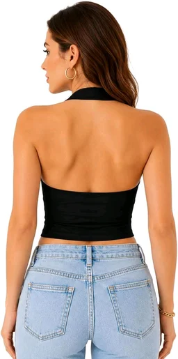 Minimumcare Women’s Halter Crop Top with Zipper Front – Sleeveless Deep V Neck Tank Top, Backless Going Out Clubwear Summer Fashion Top for Women, Fitted Cropped Blouse | Black - S, Black