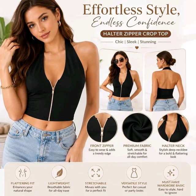 Minimumcare Women’s Halter Crop Top with Zipper Front – Sleeveless Deep V Neck Tank Top, Backless Going Out Clubwear Summer Fashion Top for Women, Fitted Cropped Blouse | Black - XXS, Black