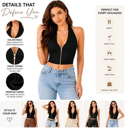 Minimumcare Women’s Halter Crop Top with Zipper Front – Sleeveless Deep V Neck Tank Top, Backless Going Out Clubwear Summer Fashion Top for Women, Fitted Cropped Blouse | Black - XXS, Black