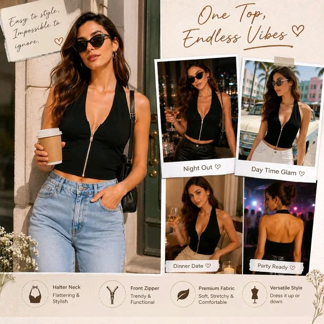 Minimumcare Women’s Halter Crop Top with Zipper Front – Sleeveless Deep V Neck Tank Top, Backless Going Out Clubwear Summer Fashion Top for Women, Fitted Cropped Blouse | Black - XXS, Black