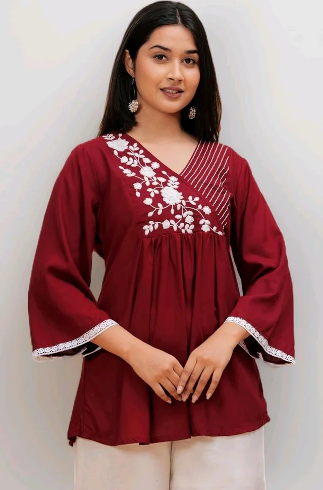 Women & Girls Ethnic Embroidered Regular Fit V-Neck 3/4 Sleeves, Lace Accents, Stylish Top for Office, Party, Daily, Casual, Formal Wear Top
- L, Maroon