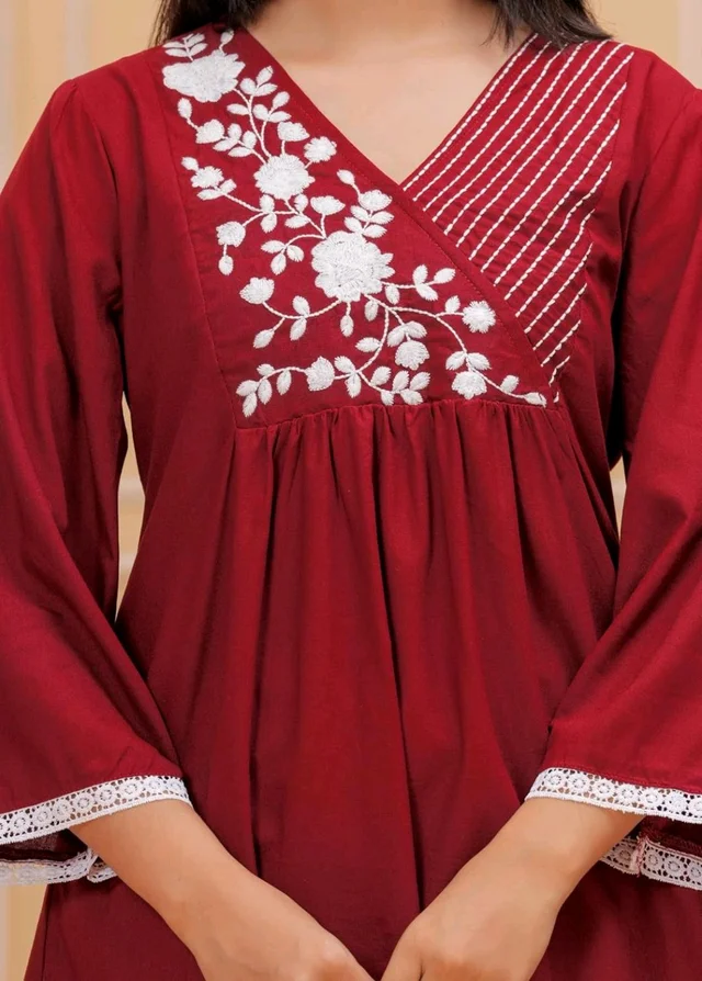 Women & Girls Ethnic Embroidered Regular Fit V-Neck 3/4 Sleeves, Lace Accents, Stylish Top for Office, Party, Daily, Casual, Formal Wear Top
- L, Maroon