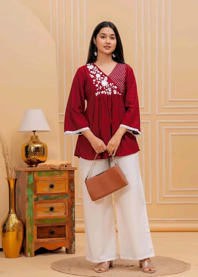 Women & Girls Ethnic Embroidered Regular Fit V-Neck 3/4 Sleeves, Lace Accents, Stylish Top for Office, Party, Daily, Casual, Formal Wear Top
- L, Maroon