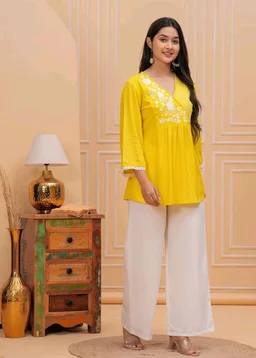 Women & Girls Ethnic Embroidered Regular Fit V-Neck 3/4 Sleeves, Lace Accents, Stylish Top for Office, Party, Daily, Casual, Formal Wear Top
- L, Mango Yellow