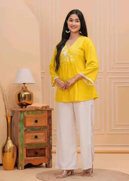 Women & Girls Ethnic Embroidered Regular Fit V-Neck 3/4 Sleeves, Lace Accents, Stylish Top for Office, Party, Daily, Casual, Formal Wear Top
- L, Mango Yellow