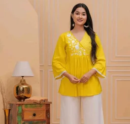 Women & Girls Ethnic Embroidered Regular Fit V-Neck 3/4 Sleeves, Lace Accents, Stylish Top for Office, Party, Daily, Casual, Formal Wear Top
- L, Mango Yellow