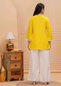 Women & Girls Ethnic Embroidered Regular Fit V-Neck 3/4 Sleeves, Lace Accents, Stylish Top for Office, Party, Daily, Casual, Formal Wear Top
- L, Mango Yellow