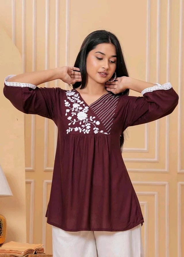 Women & Girls Ethnic Embroidered Regular Fit V-Neck 3/4 Sleeves, Lace Accents, Stylish Top for Office, Party, Daily, Casual, Formal Wear Top
- L, Coffee Brown