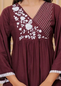 Women & Girls Ethnic Embroidered Regular Fit V-Neck 3/4 Sleeves, Lace Accents, Stylish Top for Office, Party, Daily, Casual, Formal Wear Top
- L, Coffee Brown