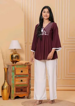 Women & Girls Ethnic Embroidered Regular Fit V-Neck 3/4 Sleeves, Lace Accents, Stylish Top for Office, Party, Daily, Casual, Formal Wear Top
- L, Coffee Brown